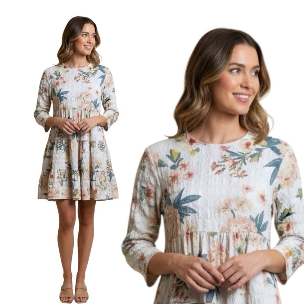 ZARA Sharon Dress Women's S Floral Waffle Crepe‎ Baby Doll Mini Dress Cream